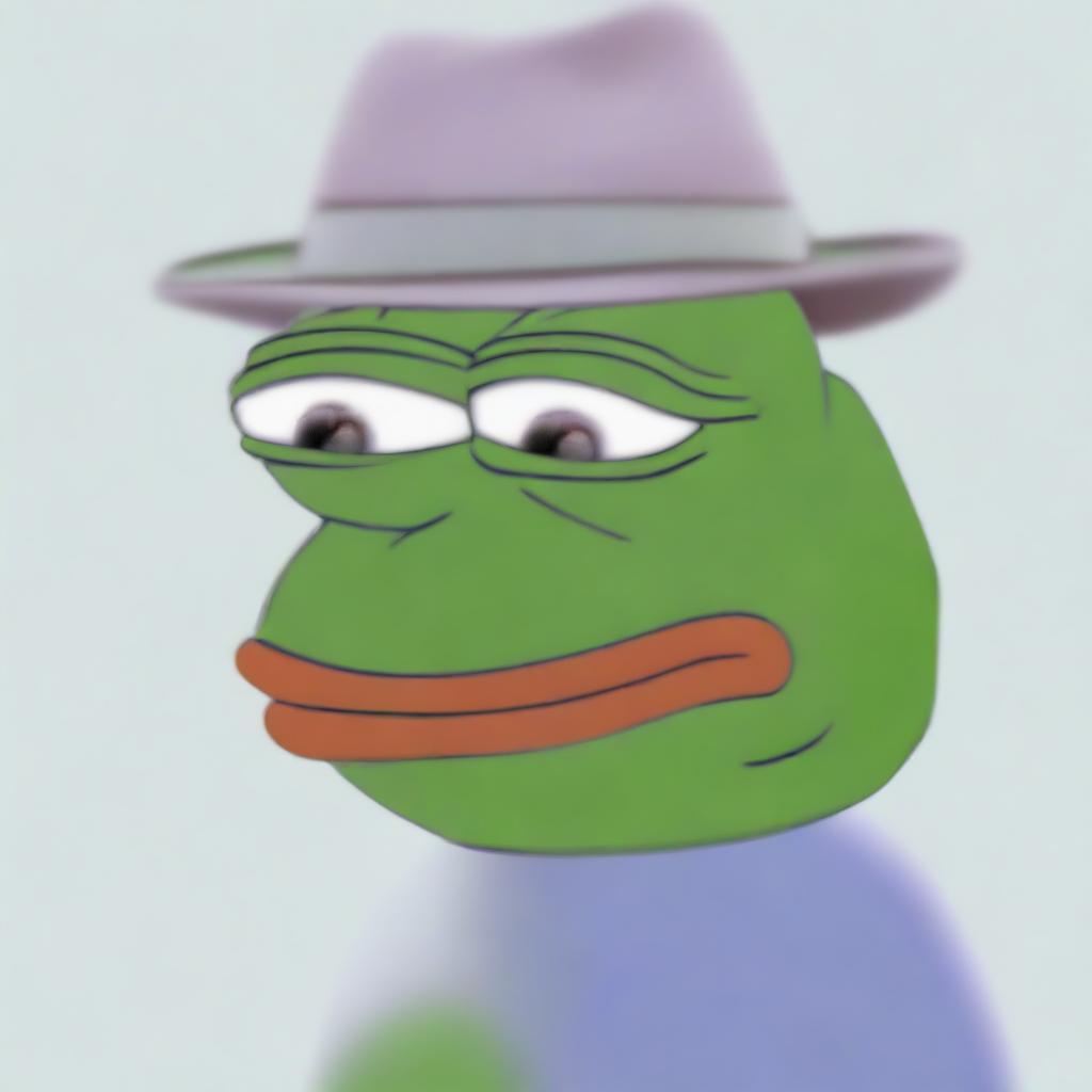 Presenting a high-quality digital art image of big-pepe the Frog, donning a gray fedora