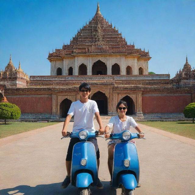 A boy and a girl with a Scoopy-i cycle, standing in front of the majestic Mandalay Palace under clear blue skies.