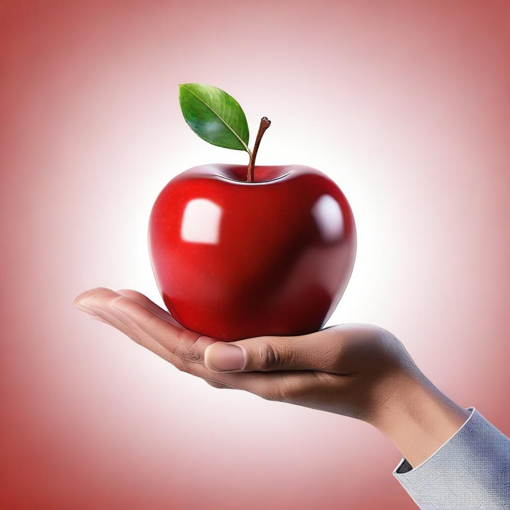 A high-quality, realistic digital art piece showcasing a human hand, palm up, holding a vibrant red apple