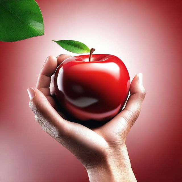 A high-quality, realistic digital art piece showcasing a human hand, palm up, holding a vibrant red apple