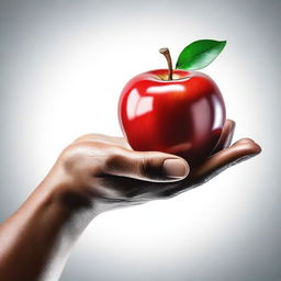 A high-quality, realistic digital art piece showcasing a human hand, palm up, holding a vibrant red apple