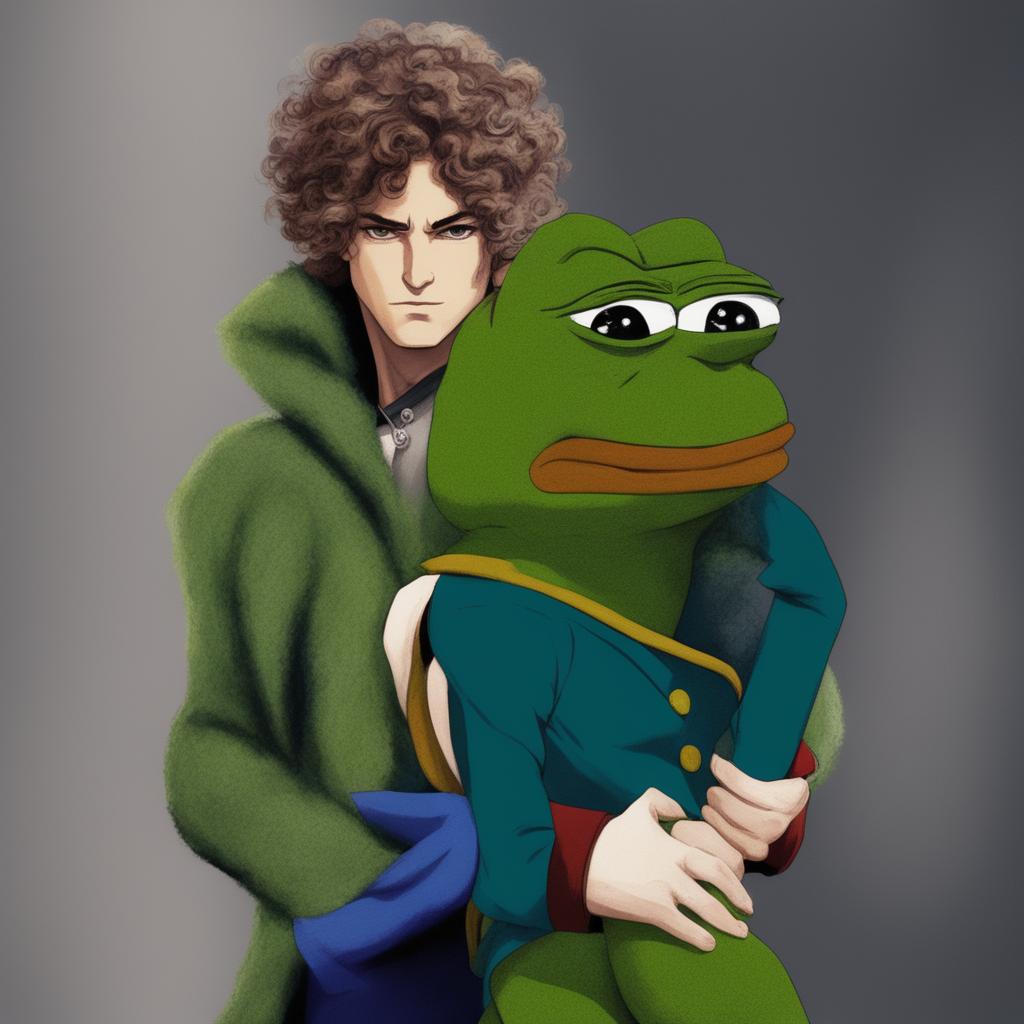 A digital art piece combining the anime style of Dio Brando from JoJo's Bizarre Adventure and the meme style of Big Pepe