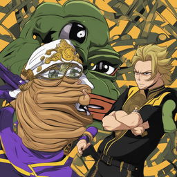 A digital art piece combining the anime style of Dio Brando from JoJo's Bizarre Adventure and the meme style of Big Pepe