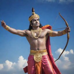 A vivid, detailed image of Lord Shree Ram, clothed in traditional attire, with a serene and powerful expression. He is depicted against a peaceful sky, brandishing his iconic bow and arrow.