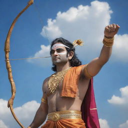 A vivid, detailed image of Lord Shree Ram, clothed in traditional attire, with a serene and powerful expression. He is depicted against a peaceful sky, brandishing his iconic bow and arrow.