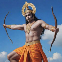 A vivid, detailed image of Lord Shree Ram, clothed in traditional attire, with a serene and powerful expression. He is depicted against a peaceful sky, brandishing his iconic bow and arrow.