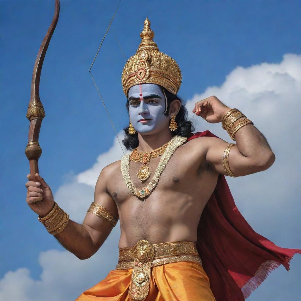 A vivid, detailed image of Lord Shree Ram, clothed in traditional attire, with a serene and powerful expression. He is depicted against a peaceful sky, brandishing his iconic bow and arrow.