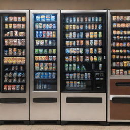 A variety of vending machines, including ones for cold beverages, warm drinks, and food items, arranged side by side.