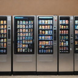 A variety of vending machines, including ones for cold beverages, warm drinks, and food items, arranged side by side.