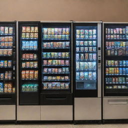 A variety of vending machines, including ones for cold beverages, warm drinks, and food items, arranged side by side.