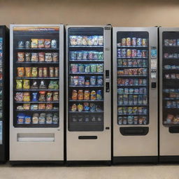 A variety of vending machines, including ones for cold beverages, warm drinks, and food items, arranged side by side.