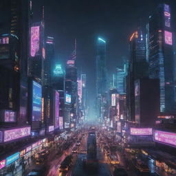 Generate an image showcasing a bustling cyberpunk cityscape at night, with towering neon skyscrapers, intricate futuristic technology and a sky full of hover vehicles