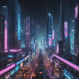 Generate an image showcasing a bustling cyberpunk cityscape at night, with towering neon skyscrapers, intricate futuristic technology and a sky full of hover vehicles