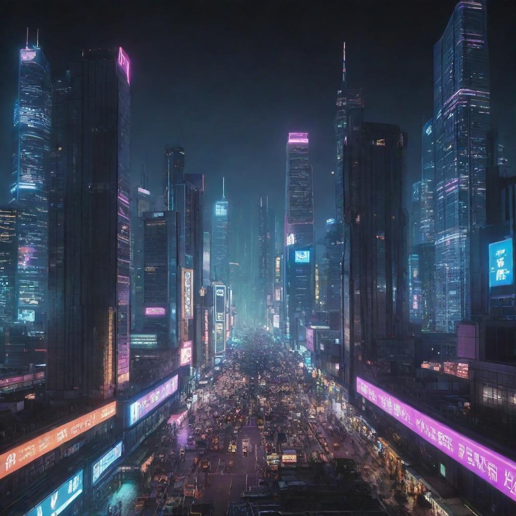 Generate an image showcasing a bustling cyberpunk cityscape at night, with towering neon skyscrapers, intricate futuristic technology and a sky full of hover vehicles