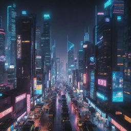 Generate an image showcasing a bustling cyberpunk cityscape at night, with towering neon skyscrapers, intricate futuristic technology and a sky full of hover vehicles