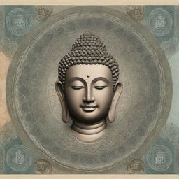 Design a detailed and intricate banknote featuring a serene Buddha in the center, surrounded by traditional Buddhist symbology and intricate geometric patterns.