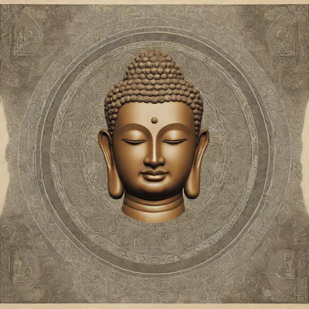 Design a detailed and intricate banknote featuring a serene Buddha in the center, surrounded by traditional Buddhist symbology and intricate geometric patterns.