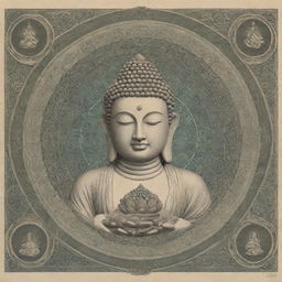 Design a detailed and intricate banknote featuring a serene Buddha in the center, surrounded by traditional Buddhist symbology and intricate geometric patterns.