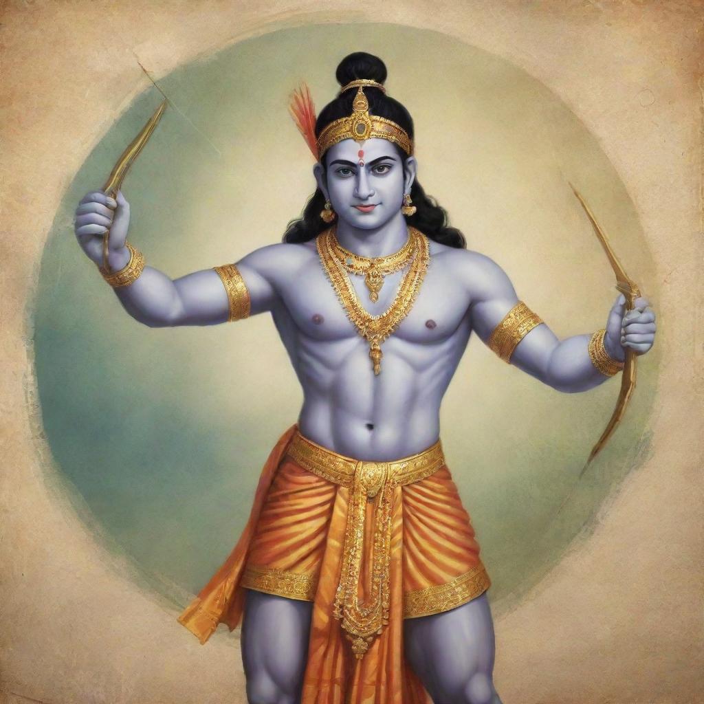 A charming illustration of Lord Shri Ram, decked in traditional attire, holding a bow and arrow, with a serene, devotional aura.