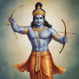 A charming illustration of Lord Shri Ram, decked in traditional attire, holding a bow and arrow, with a serene, devotional aura.