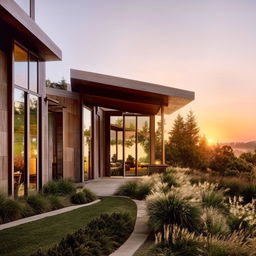 Modern home exterior with an elegant entrance, large windows, and eco-friendly landscape design, during a golden sunset.