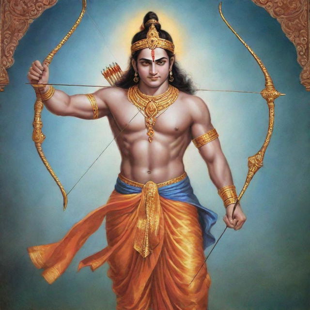 A charming illustration of Lord Shri Ram, decked in traditional attire, holding a bow and arrow, with a serene, devotional aura.