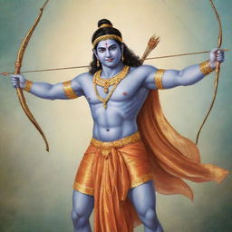 A charming illustration of Lord Shri Ram, decked in traditional attire, holding a bow and arrow, with a serene, devotional aura.