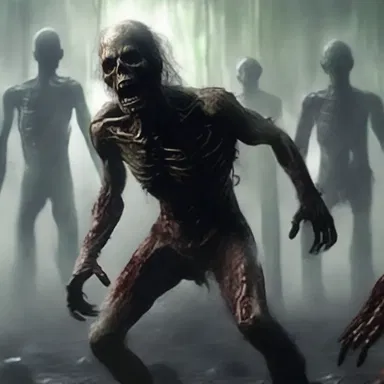 The zombies stumbled shambolically towards the survivors, their torn limbs making their movements eerie and disjointed.