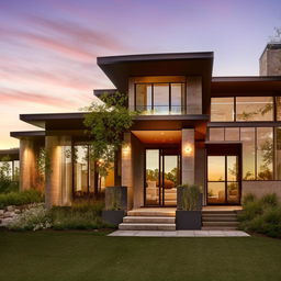 Modern home exterior with an elegant entrance, large windows, and eco-friendly landscape design, during a golden sunset.