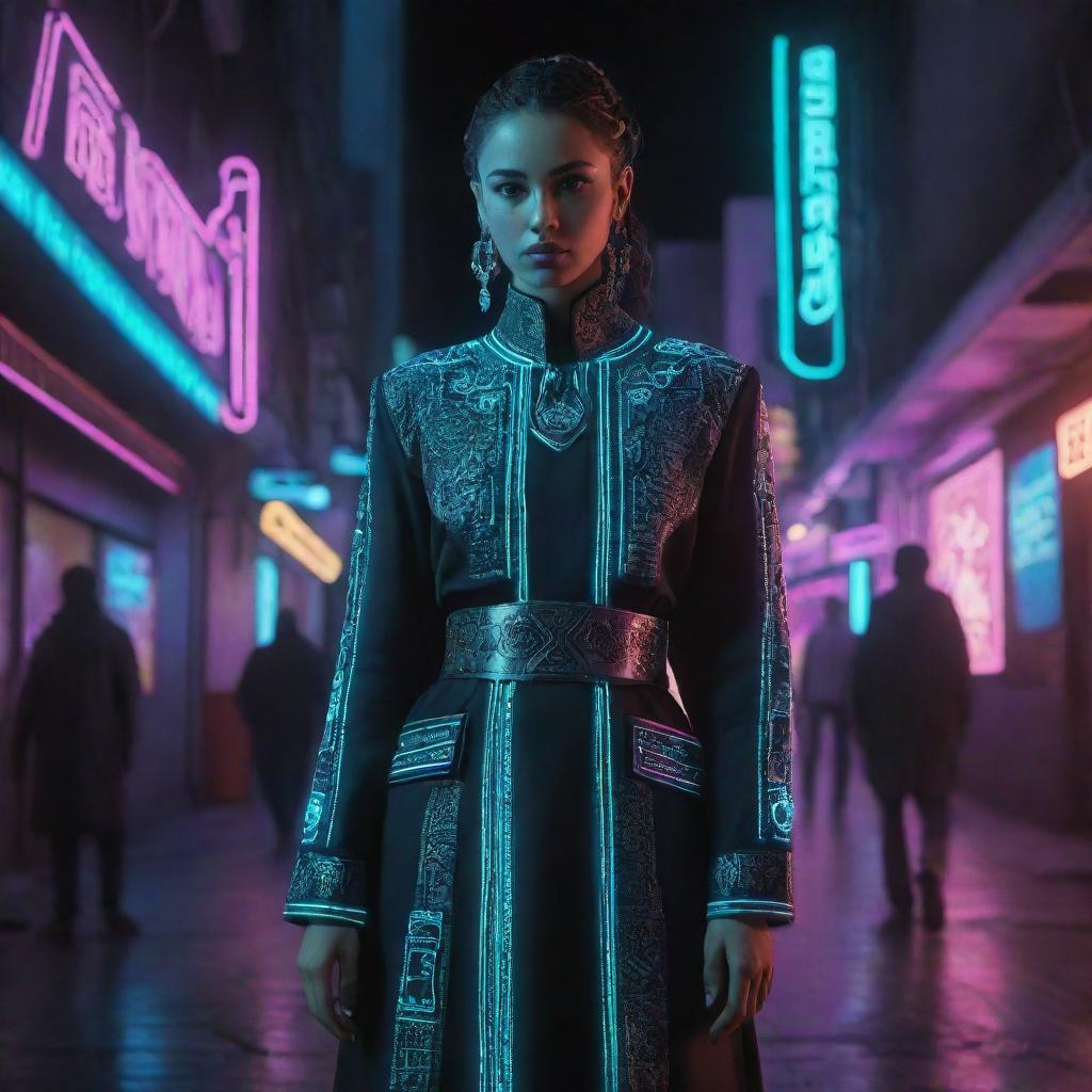 Create an illustration of a traditional Algerian dress interpreted through a cyberpunk lens, with neon lighting, high-tech details and futuristic elements.