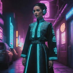 Create an illustration of a traditional Algerian dress interpreted through a cyberpunk lens, with neon lighting, high-tech details and futuristic elements.