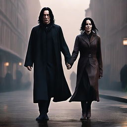 A high-quality digital art image showcasing Severus Snape, from the Harry Potter series, walking in a gentle rain