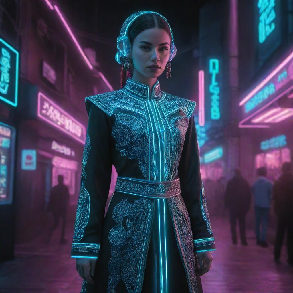 Create an illustration of a traditional Algerian dress interpreted through a cyberpunk lens, with neon lighting, high-tech details and futuristic elements.