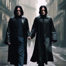 A high-quality digital art image showcasing Severus Snape, from the Harry Potter series, walking in a gentle rain