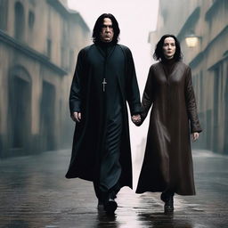 A high-quality digital art image showcasing Severus Snape, from the Harry Potter series, walking in a gentle rain