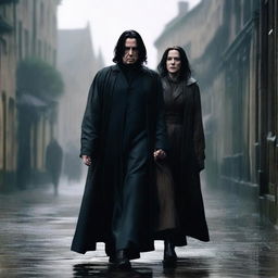 A high-quality digital art image showcasing Severus Snape, from the Harry Potter series, walking in a gentle rain