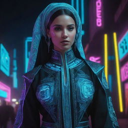 Create an illustration of a traditional Algerian dress interpreted through a cyberpunk lens, with neon lighting, high-tech details and futuristic elements.