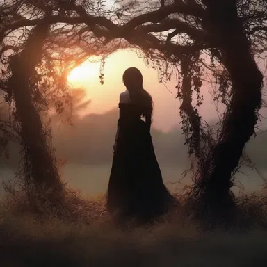 As the sun set, she entered the bower where dark vines twisted purposefully, feeling a chill run down her spine.