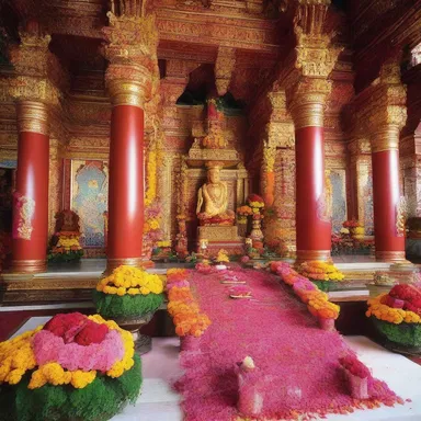 The temple was adorned with garlands of flowers, and the altar was carefully bowered with fragrant incense.