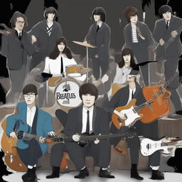 This is a digital art piece featuring the members of The Beatles represented as 'Wojak' characters, a popular internet meme figure