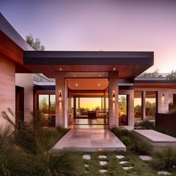 Modern home exterior with an elegant entrance, large windows, and eco-friendly landscape design, during a golden sunset.