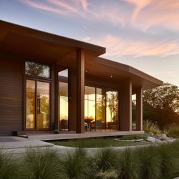 Modern home exterior with an elegant entrance, large windows, and eco-friendly landscape design, during a golden sunset.