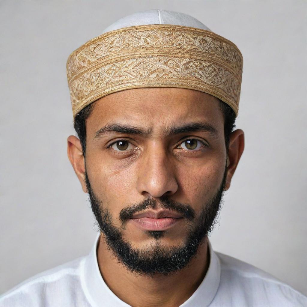 Realistic portrait of a Muslim man wearing traditional attire, sternly staring directly into the camera against a plain white background.