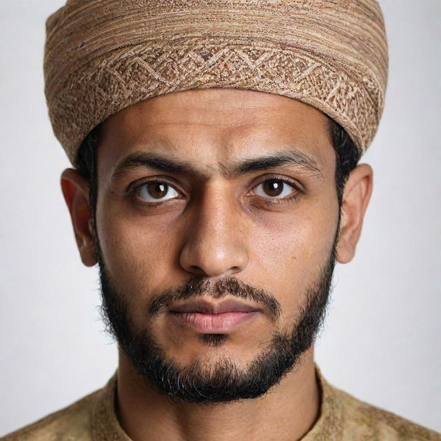 Realistic portrait of a Muslim man wearing traditional attire, sternly staring directly into the camera against a plain white background.