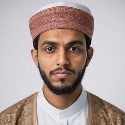 Realistic portrait of a Muslim man wearing traditional attire, sternly staring directly into the camera against a plain white background.