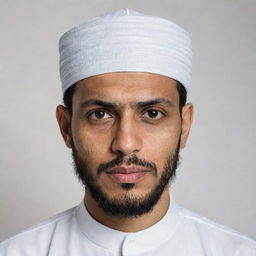 Realistic portrait of a Muslim man wearing traditional attire, sternly staring directly into the camera against a plain white background.