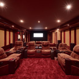 Luxurious basement home cinema theater with plush seating and state-of-the-art equipment