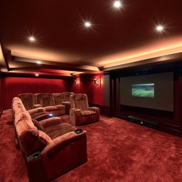 Luxurious basement home cinema theater with plush seating and state-of-the-art equipment