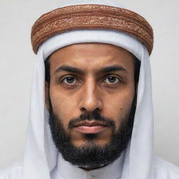 Realistic portrait of a Muslim man, face covered, wearing traditional attire, sternly staring directly into the camera against a plain white background.