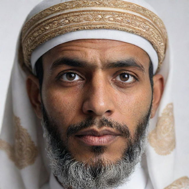 Realistic portrait of a Muslim man, face covered, wearing traditional attire, sternly staring directly into the camera against a plain white background.